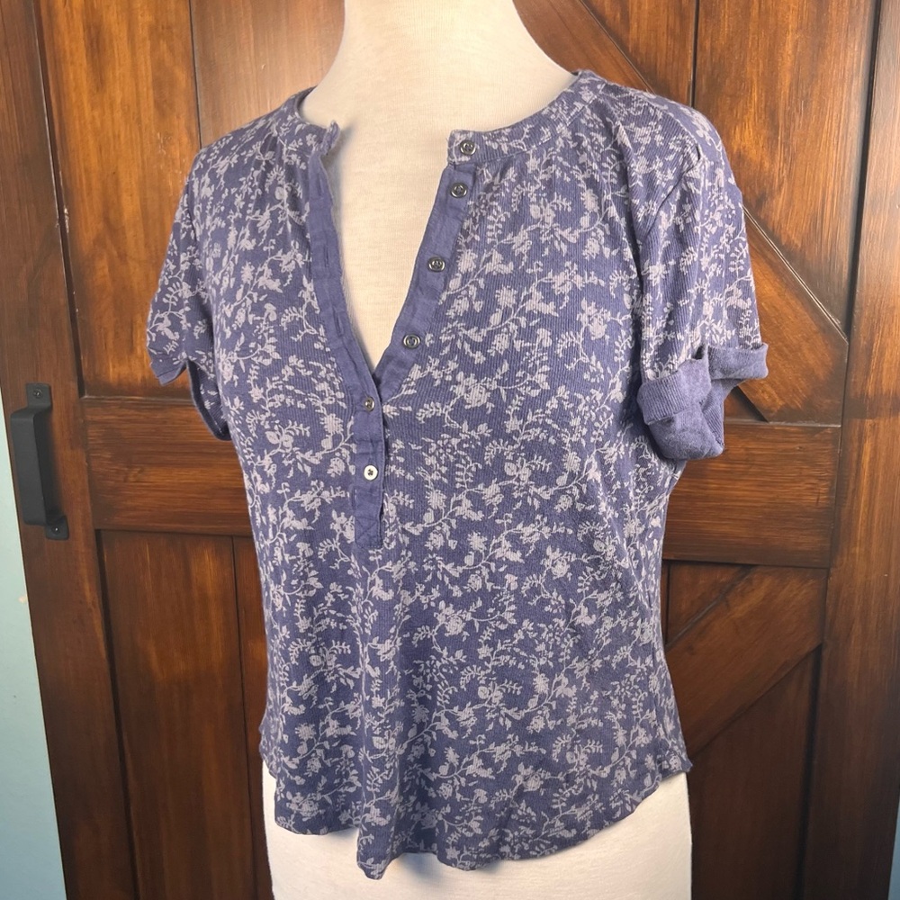 Pilcro Soft Ribbed Blue Floral Button Women L Top - Blue Cotton‎ Modal Elastane